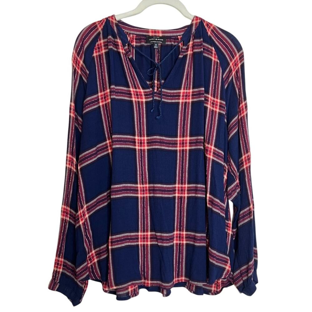 Lucky Brand Womens Crinkle Peasant Blouse Size 1X Blue Red Plaid Metallic Rayon